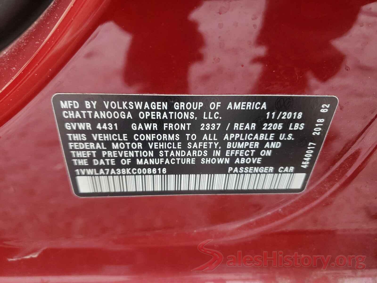 1VWLA7A38KC008616 2019 VOLKSWAGEN PASSAT