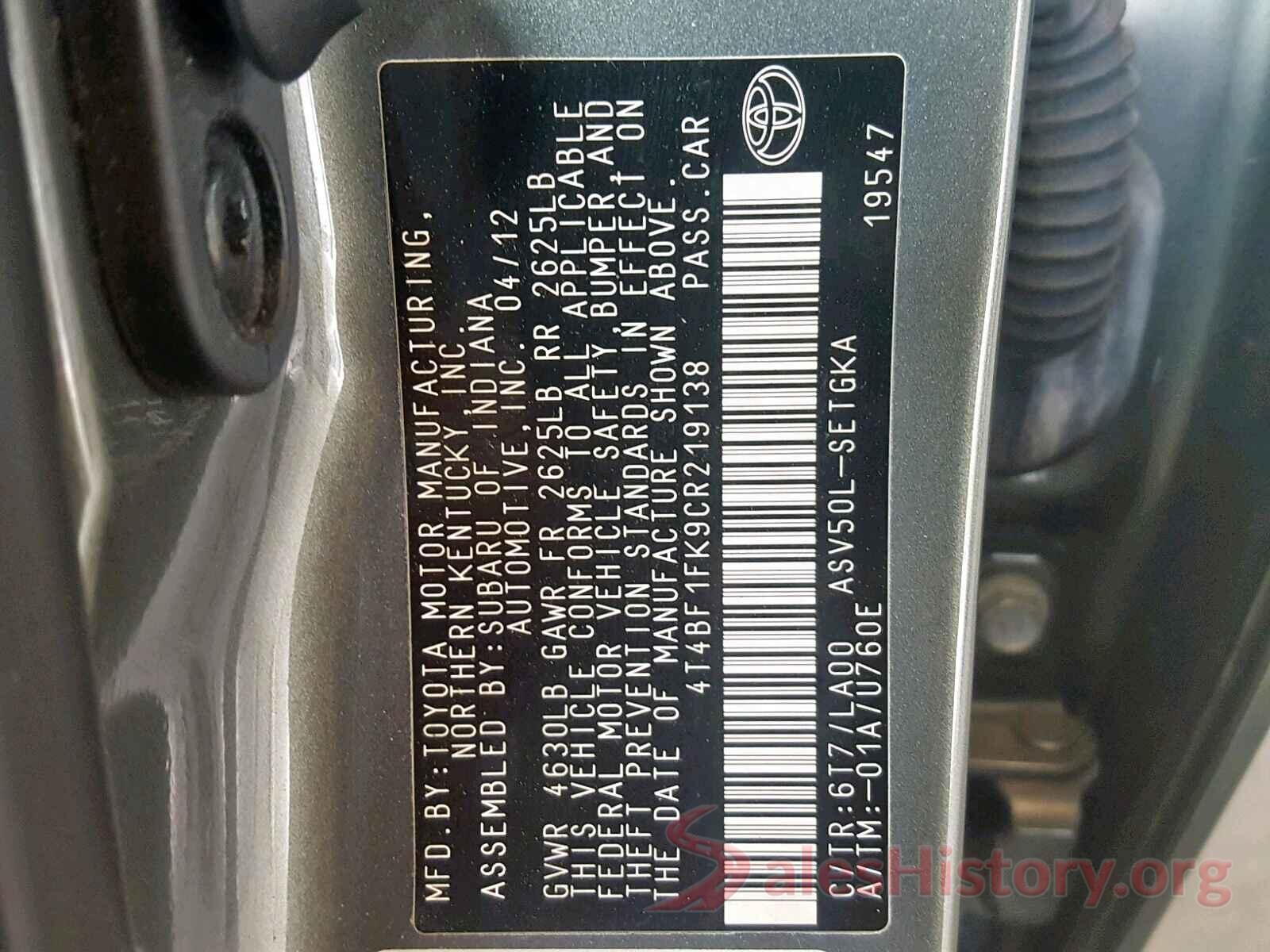 4T4BF1FK9CR219138 2012 TOYOTA CAMRY BASE