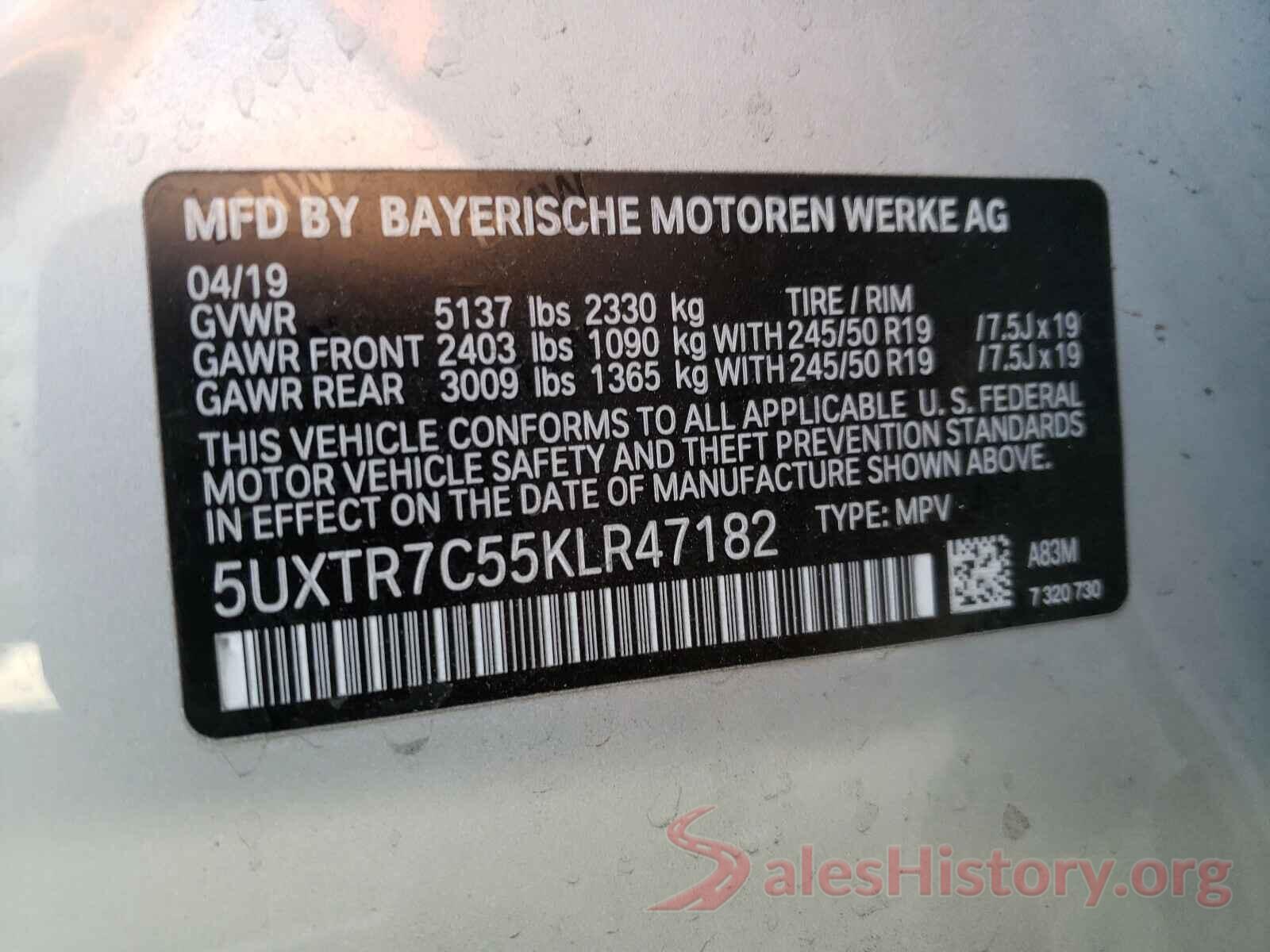 5UXTR7C55KLR47182 2019 BMW X3