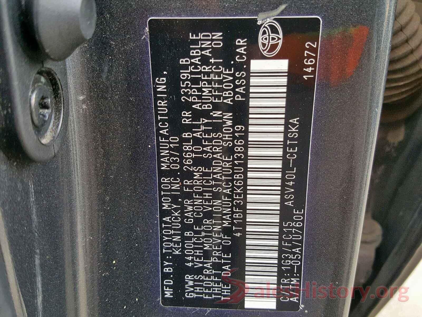 4T1BF3EK6BU138619 2011 TOYOTA CAMRY BASE