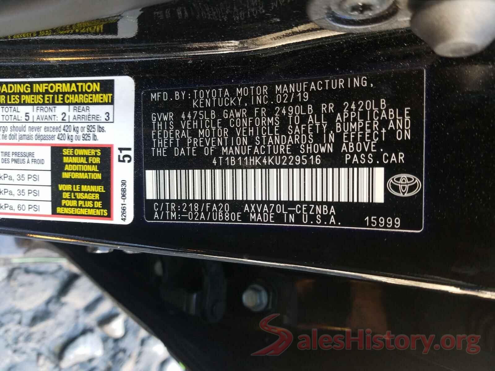 4T1B11HK4KU229516 2019 TOYOTA CAMRY