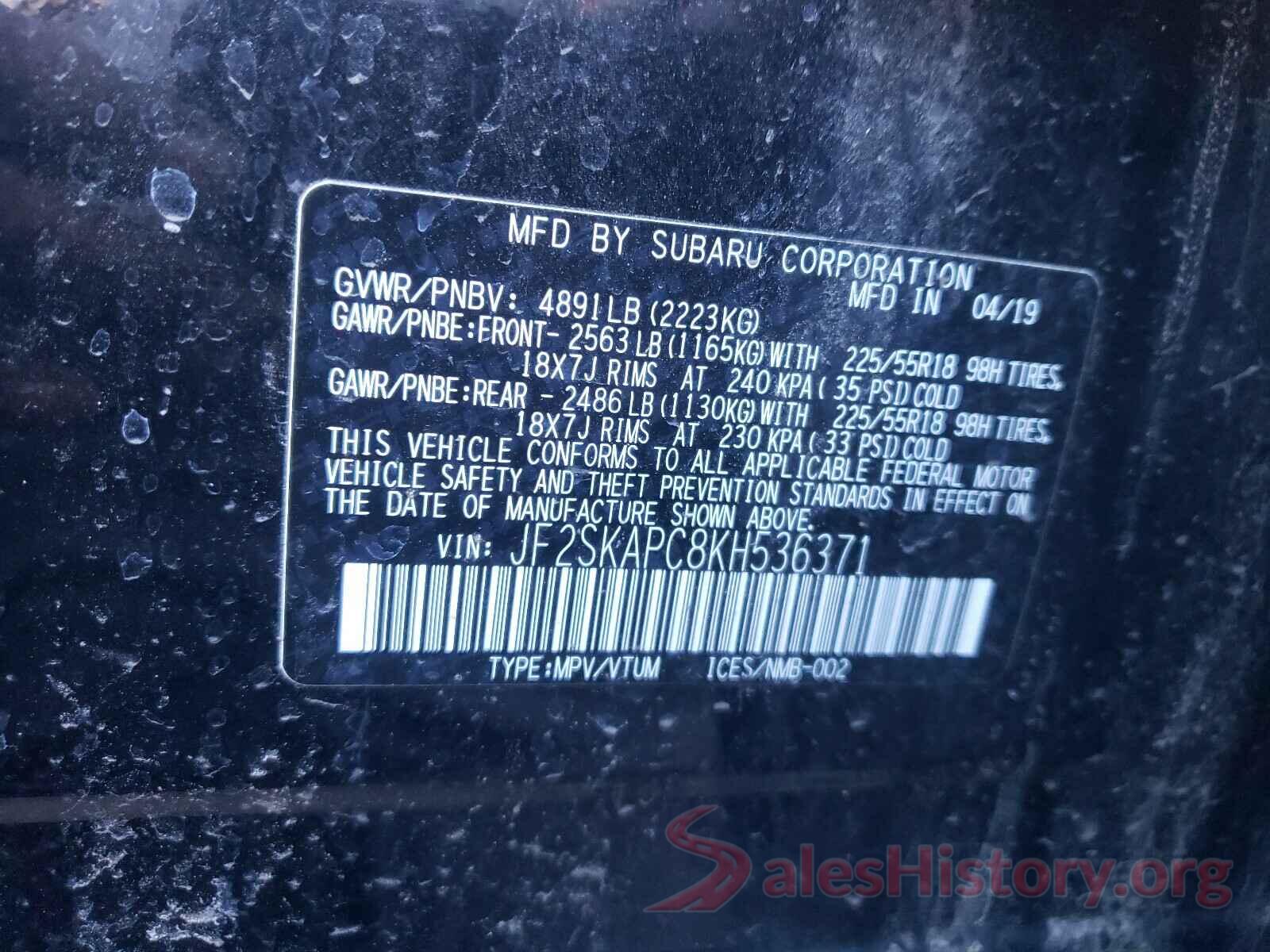 JF2SKAPC8KH536371 2019 SUBARU FORESTER