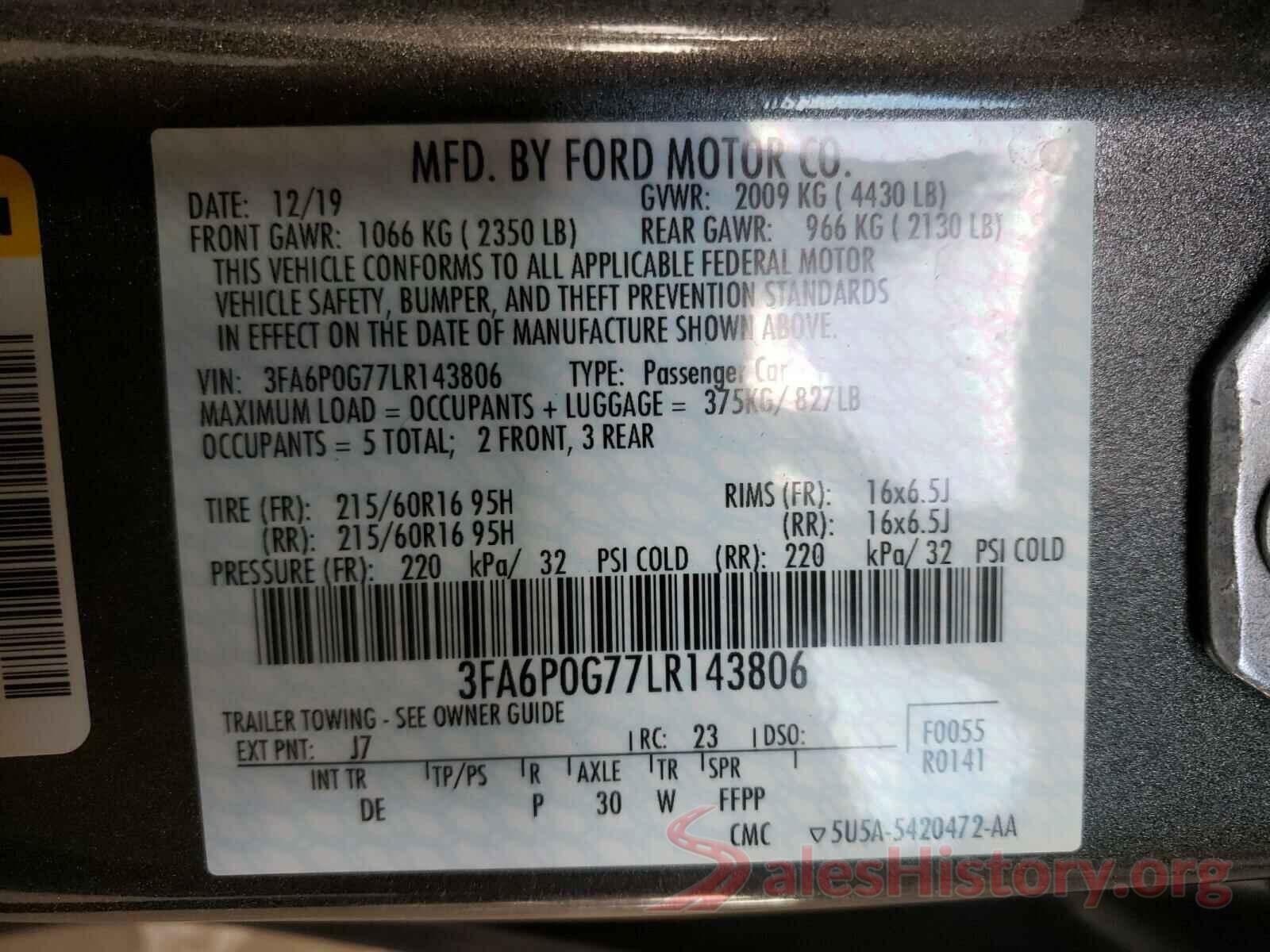 3FA6P0G77LR143806 2020 FORD FUSION