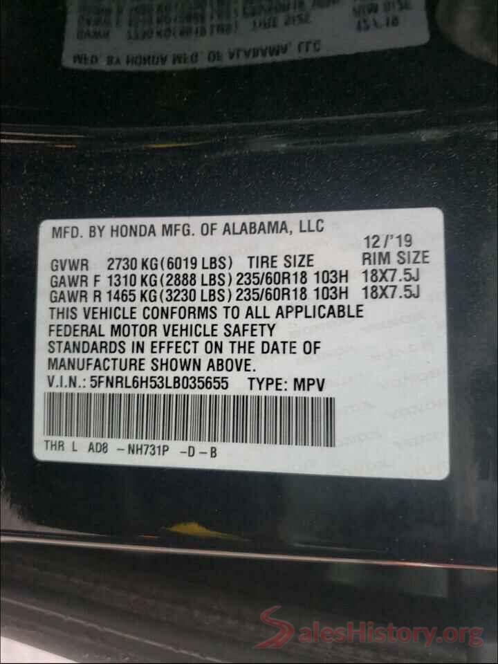 5FNRL6H53LB035655 2020 HONDA ODYSSEY