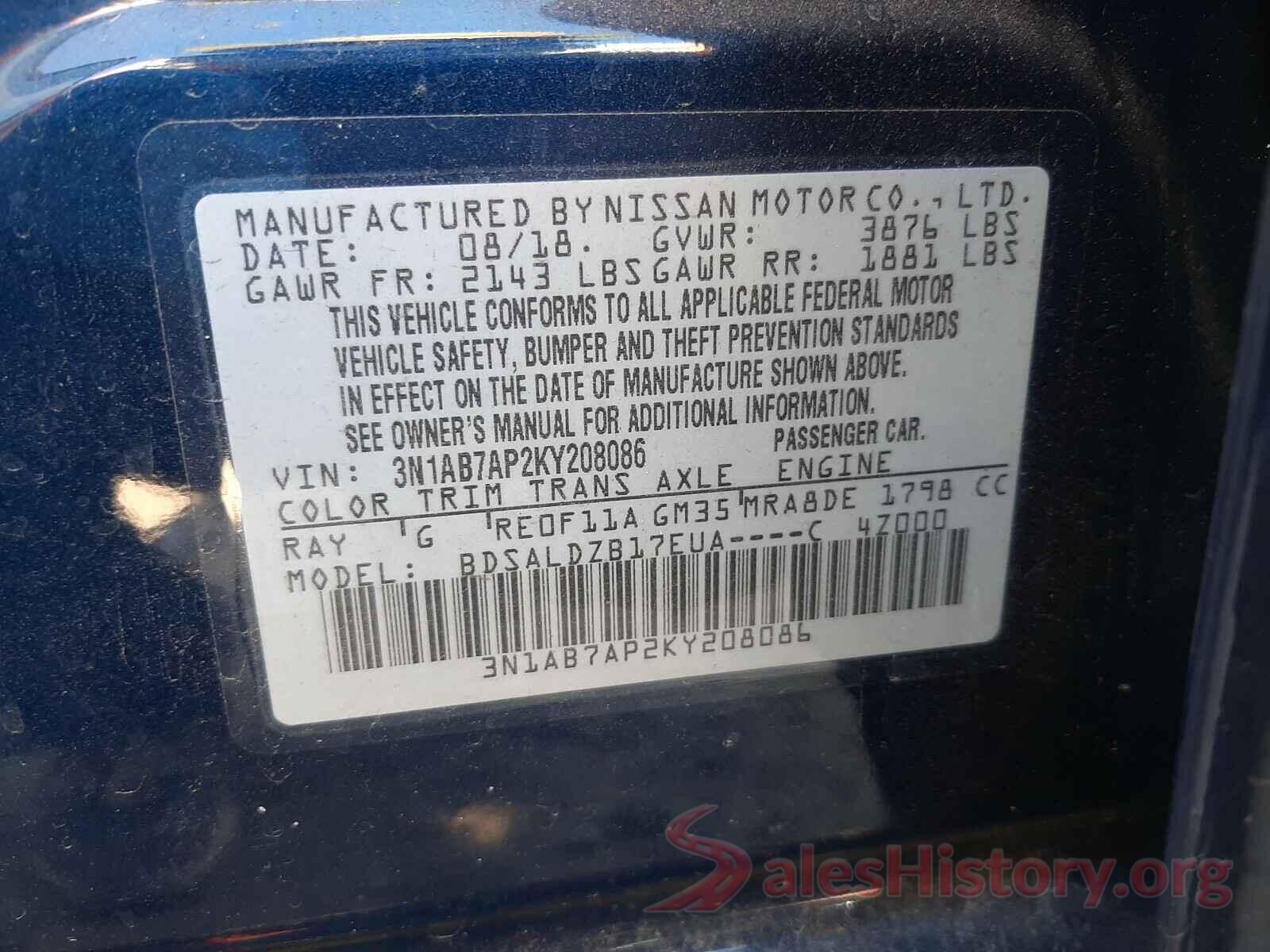 3N1AB7AP2KY208086 2019 NISSAN SENTRA