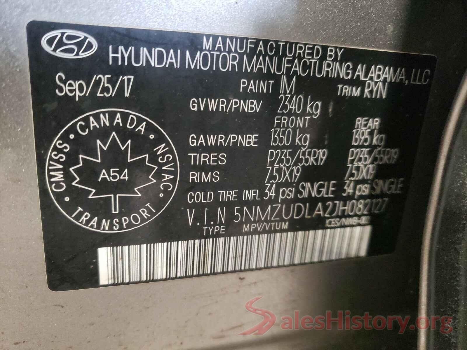 5NMZUDLA2JH082127 2018 HYUNDAI SANTA FE