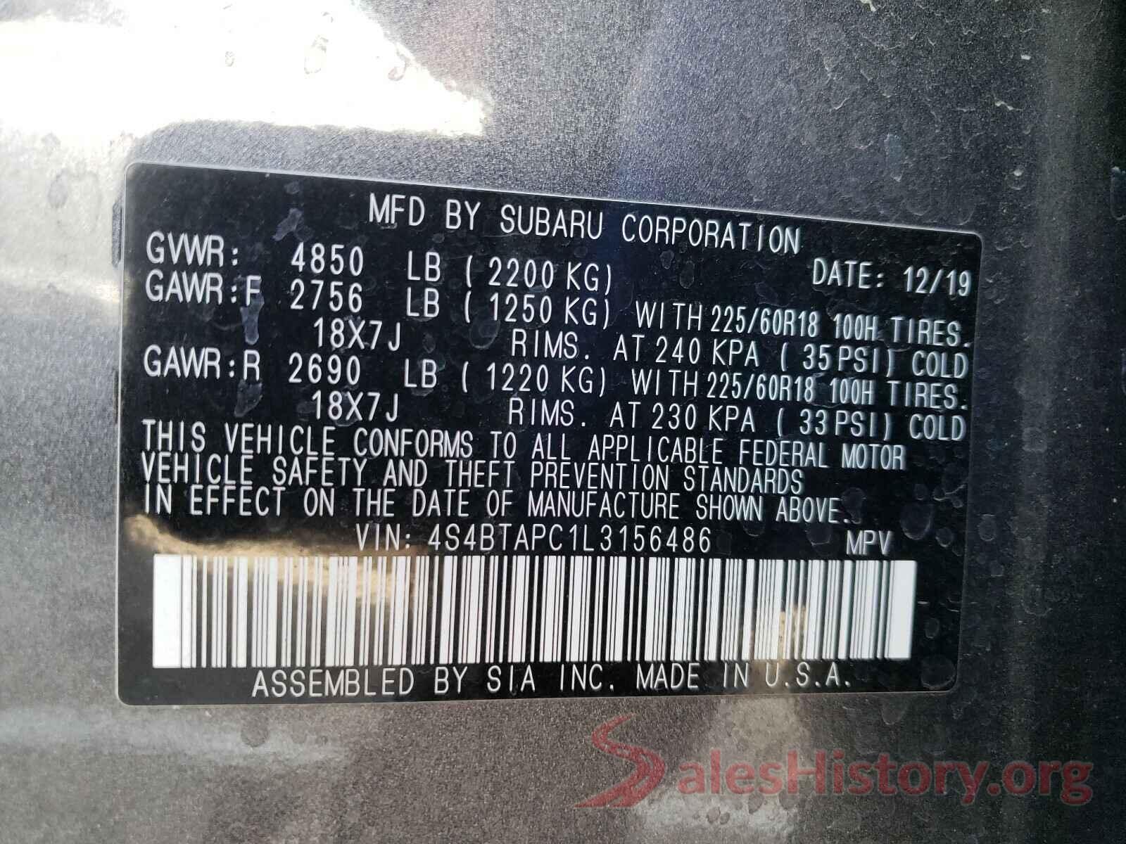 4S4BTAPC1L3156486 2020 SUBARU OUTBACK