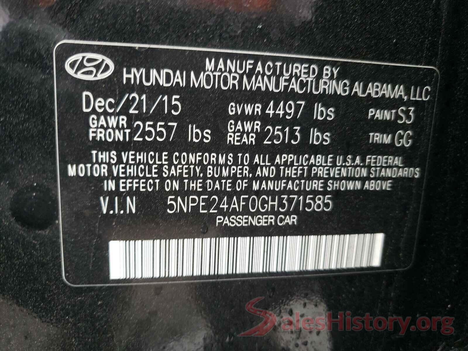 5NPE24AF0GH371585 2016 HYUNDAI SONATA