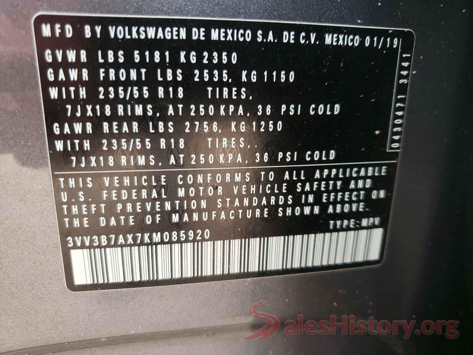 3VV3B7AX7KM085920 2019 VOLKSWAGEN TIGUAN