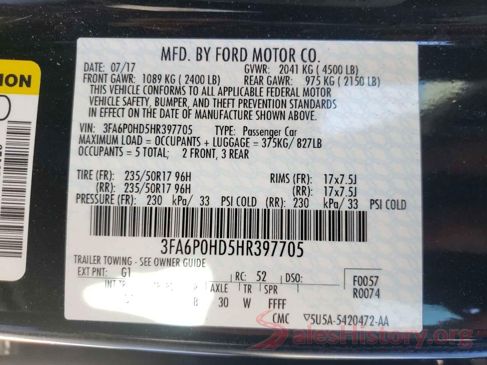 3FA6P0HD5HR397705 2017 FORD FUSION