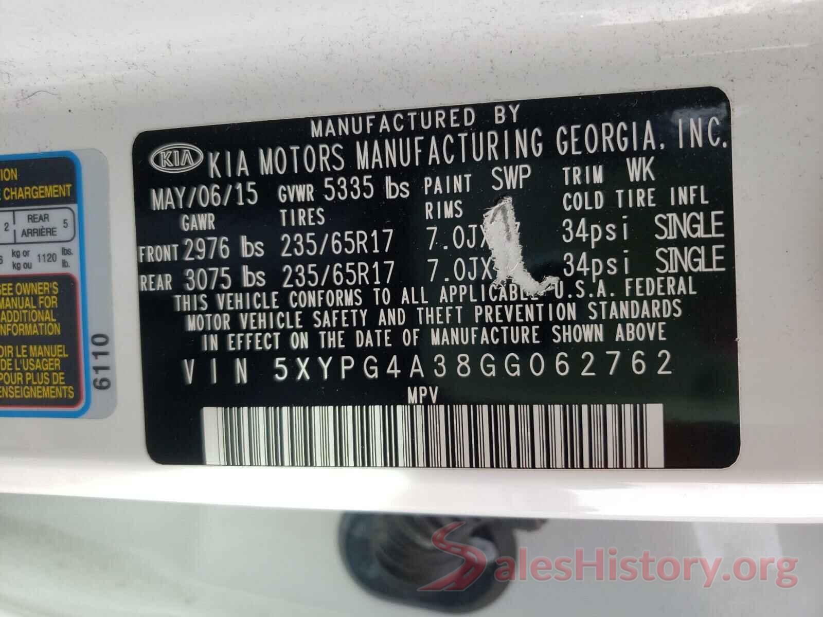 5XYPG4A38GG062762 2016 KIA SORENTO