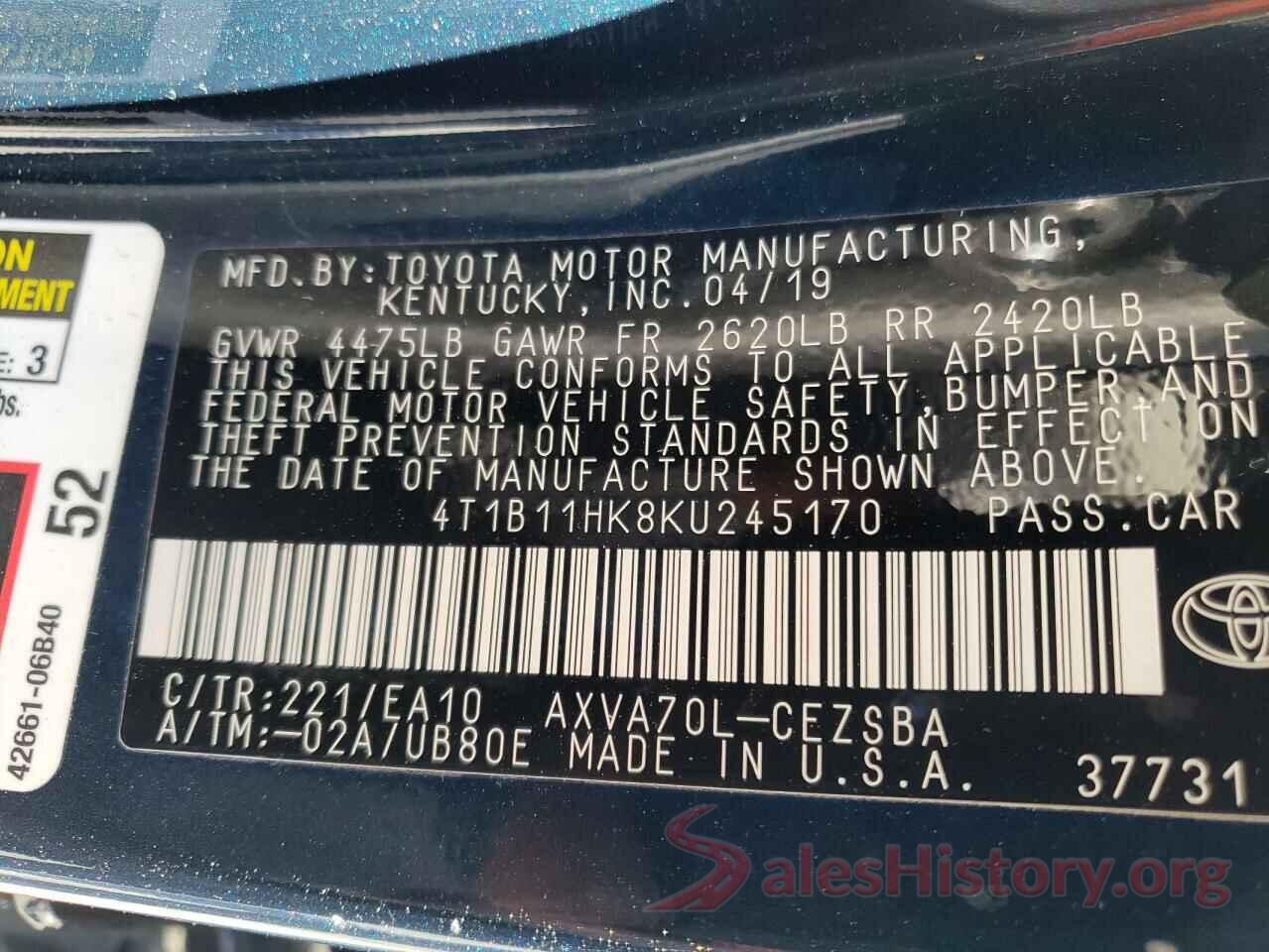 4T1B11HK8KU245170 2019 TOYOTA CAMRY