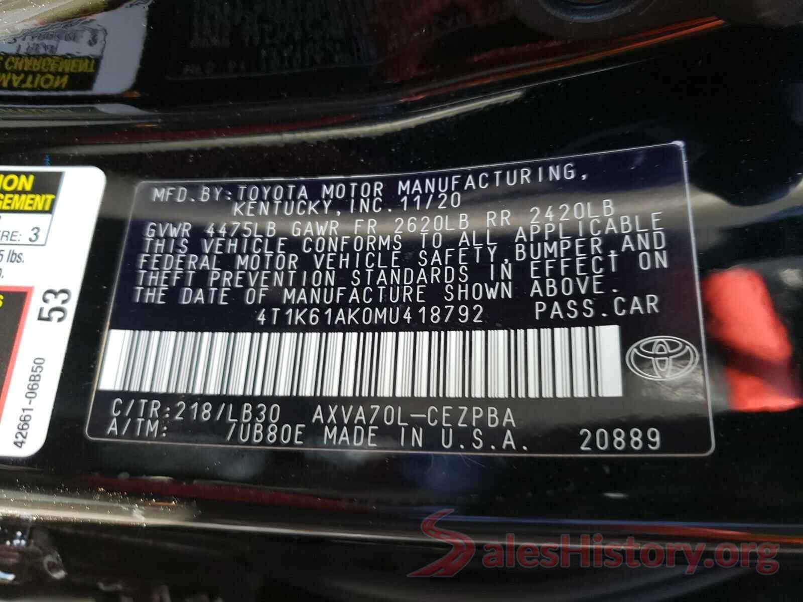 4T1K61AK0MU418792 2021 TOYOTA CAMRY