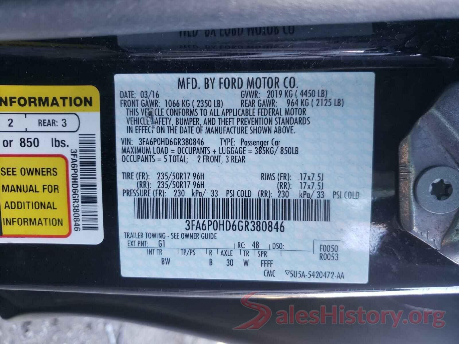 3FA6P0HD6GR380846 2016 FORD FUSION