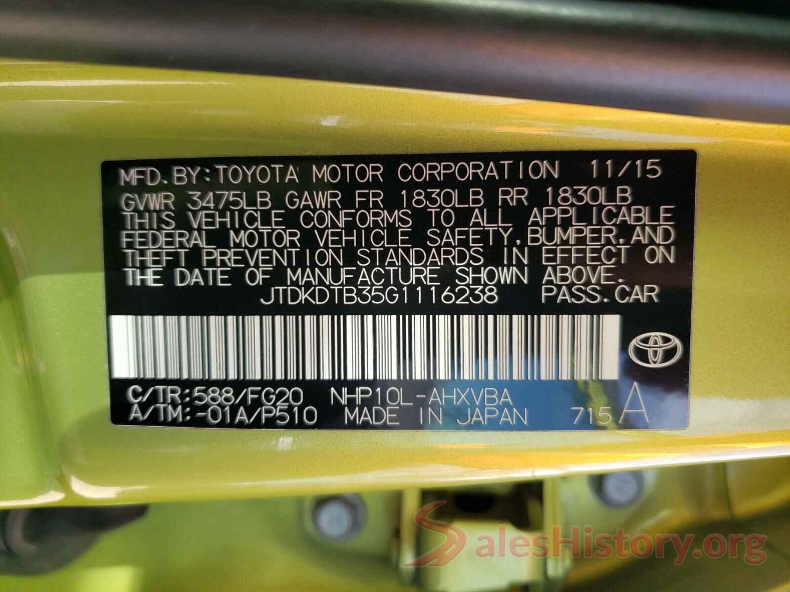 JTDKDTB35G1116238 2016 TOYOTA PRIUS