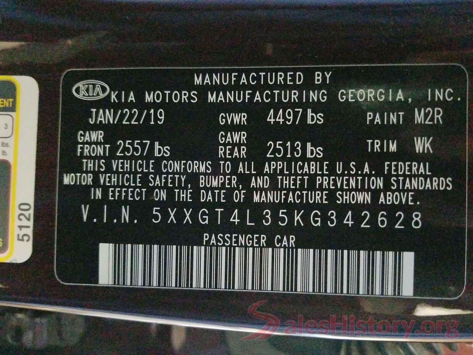 5XXGT4L35KG342628 2019 KIA OPTIMA