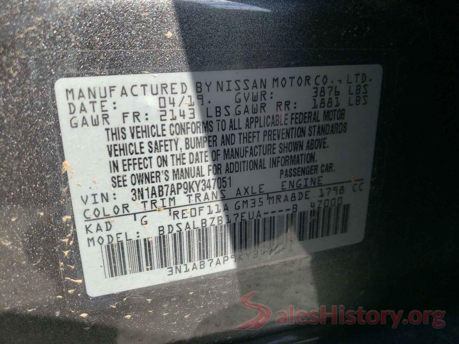 3N1AB7AP9KY347051 2019 NISSAN SENTRA