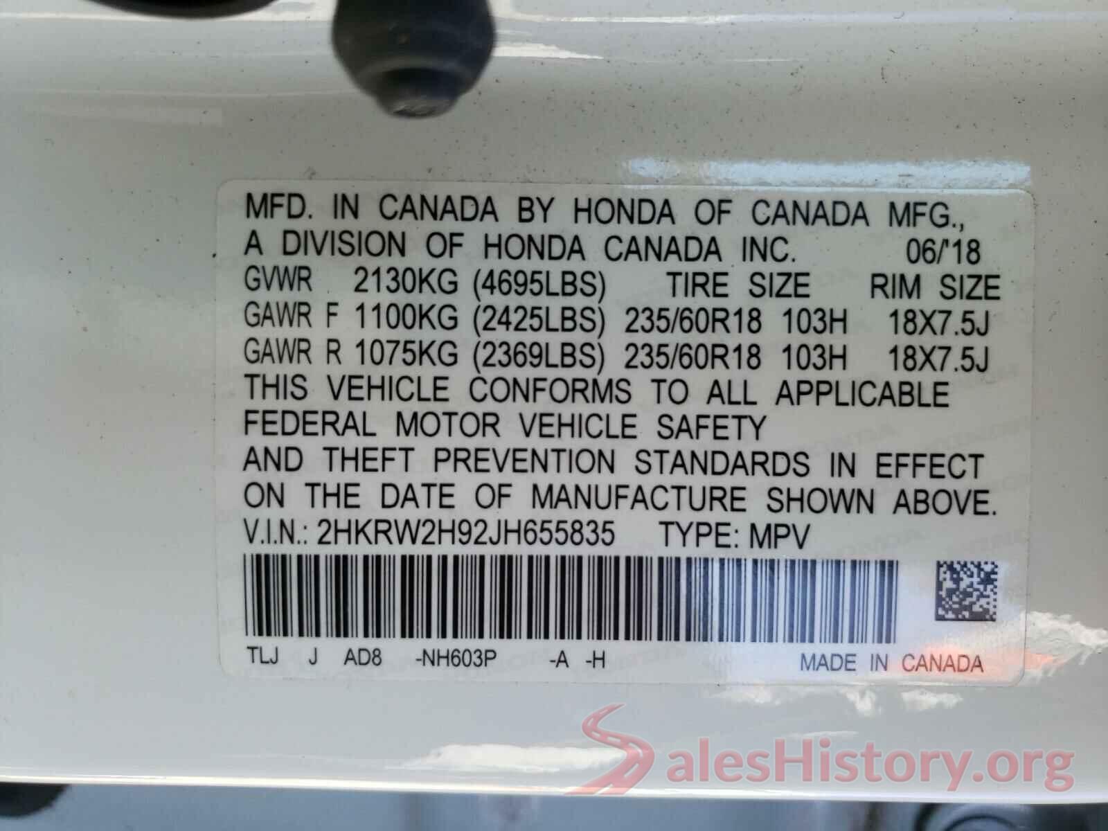 2HKRW2H92JH655835 2018 HONDA CRV