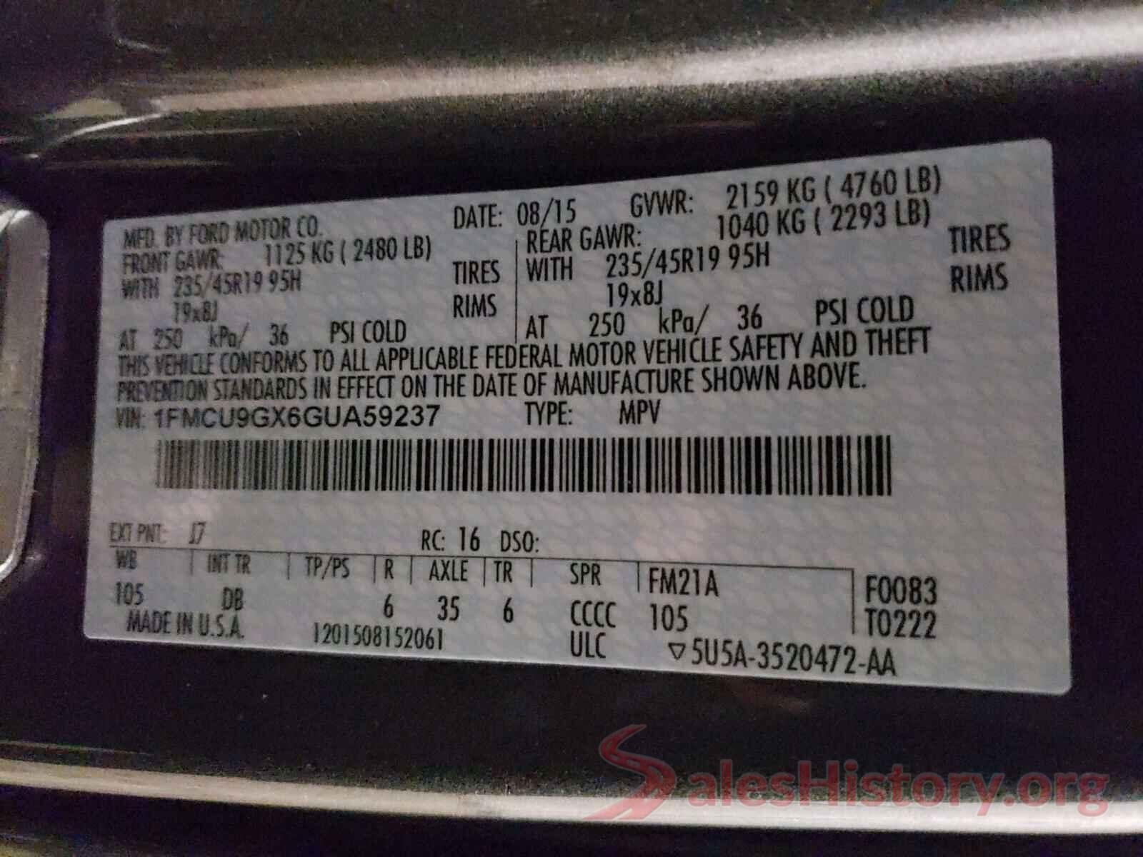 1FMCU9GX6GUA59237 2016 FORD ESCAPE