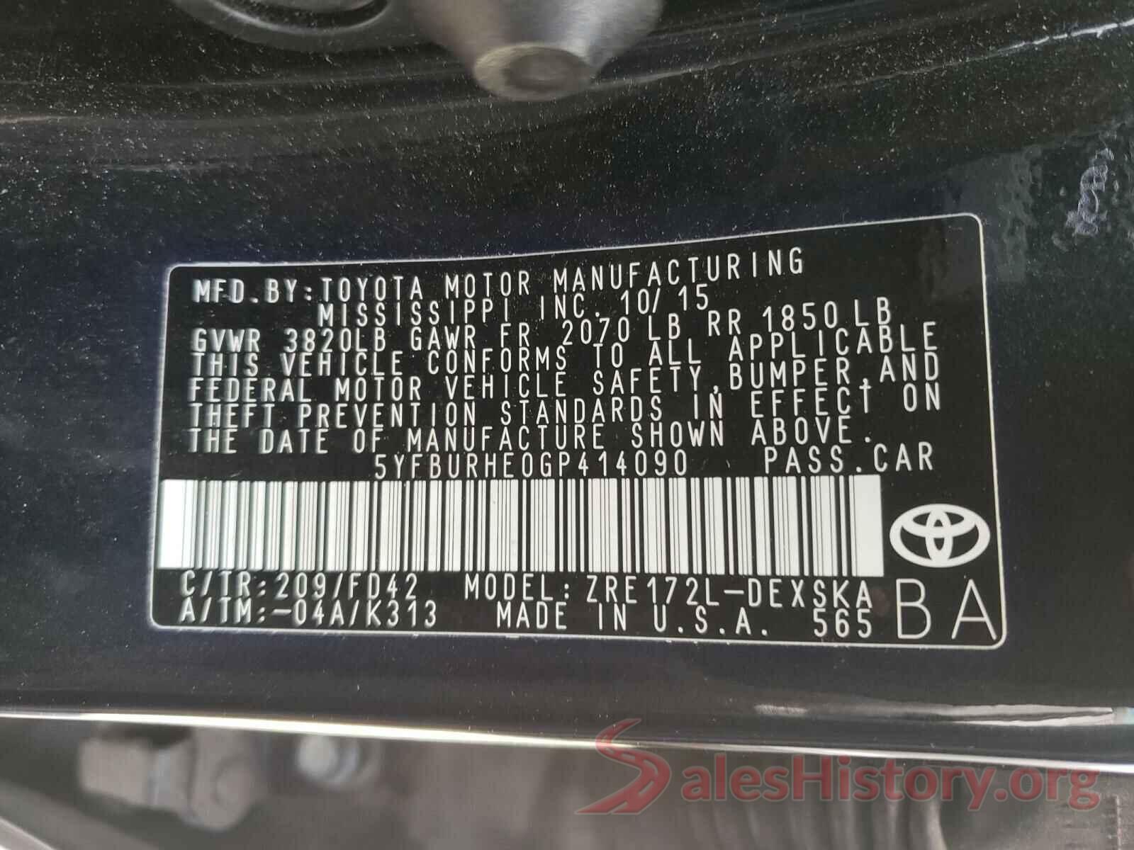 5YFBURHE0GP414090 2016 TOYOTA COROLLA