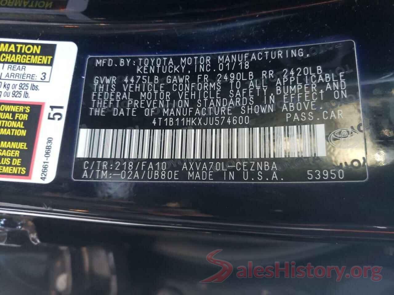 4T1B11HKXJU574600 2018 TOYOTA CAMRY