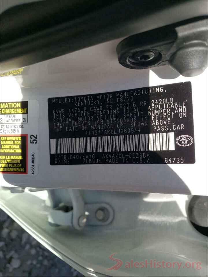 4T1G11AK0LU963944 2020 TOYOTA CAMRY