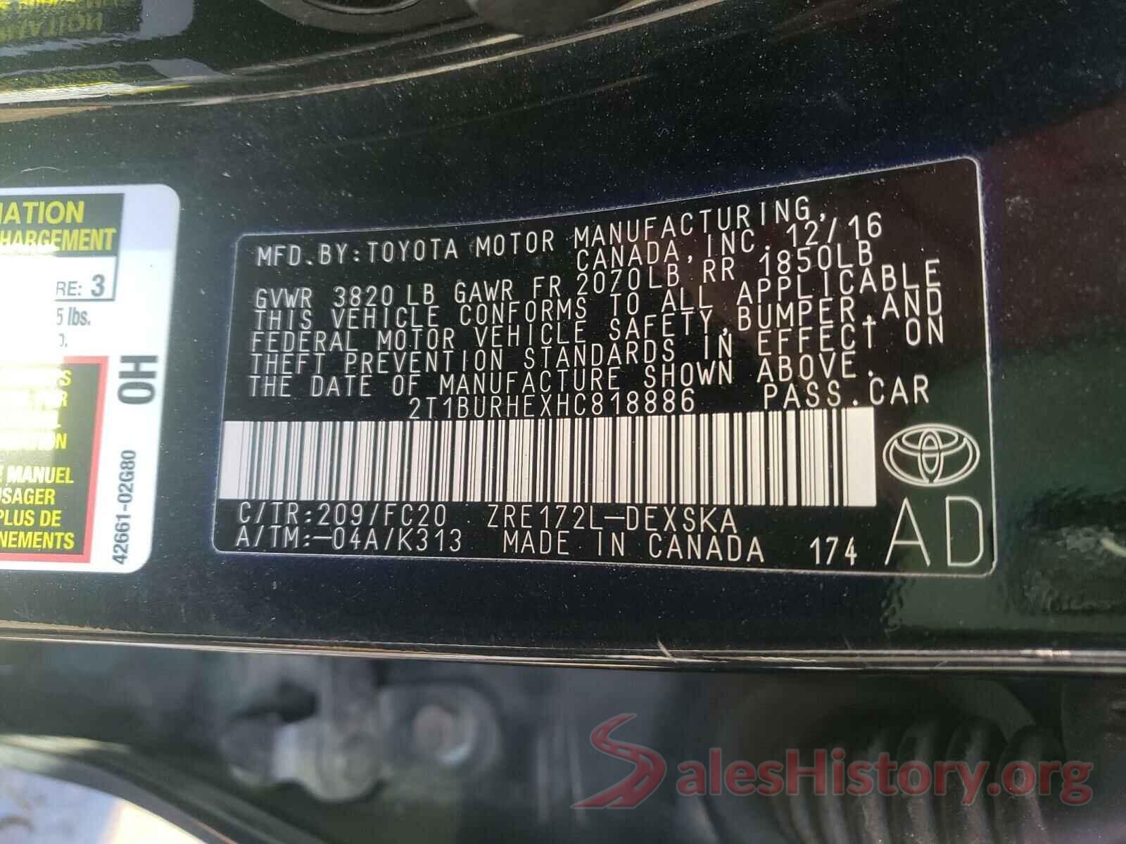 2T1BURHEXHC818886 2017 TOYOTA COROLLA