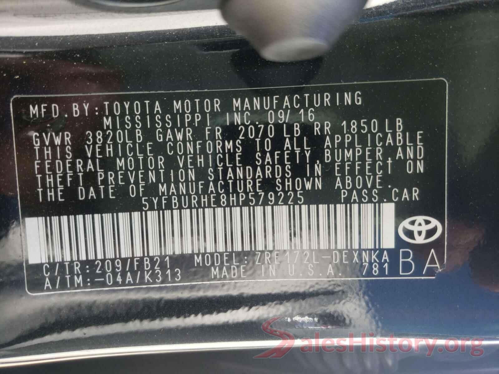 5YFBURHE8HP579225 2017 TOYOTA COROLLA