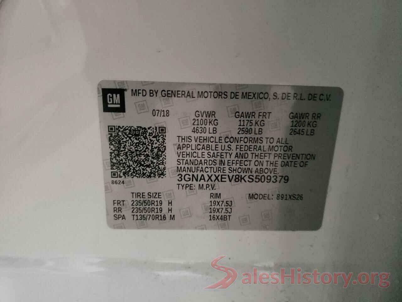 3GNAXXEV8KS509379 2019 CHEVROLET EQUINOX