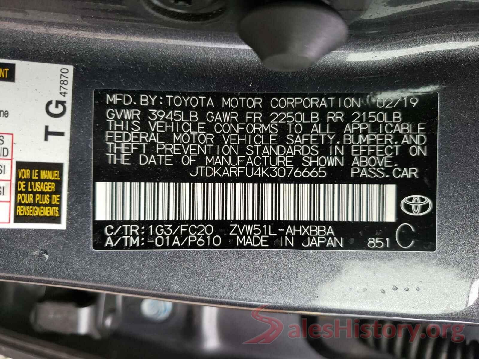 JTDKARFU4K3076665 2019 TOYOTA PRIUS