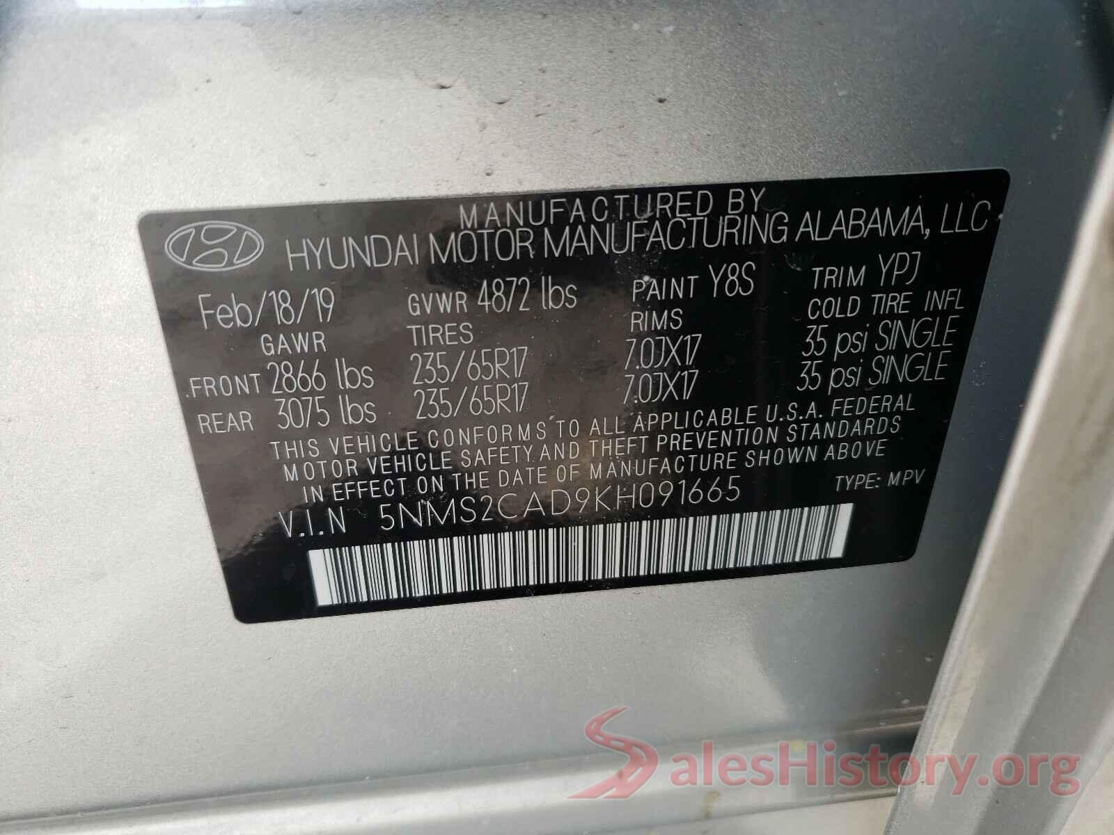 5NMS2CAD9KH091665 2019 HYUNDAI SANTA FE