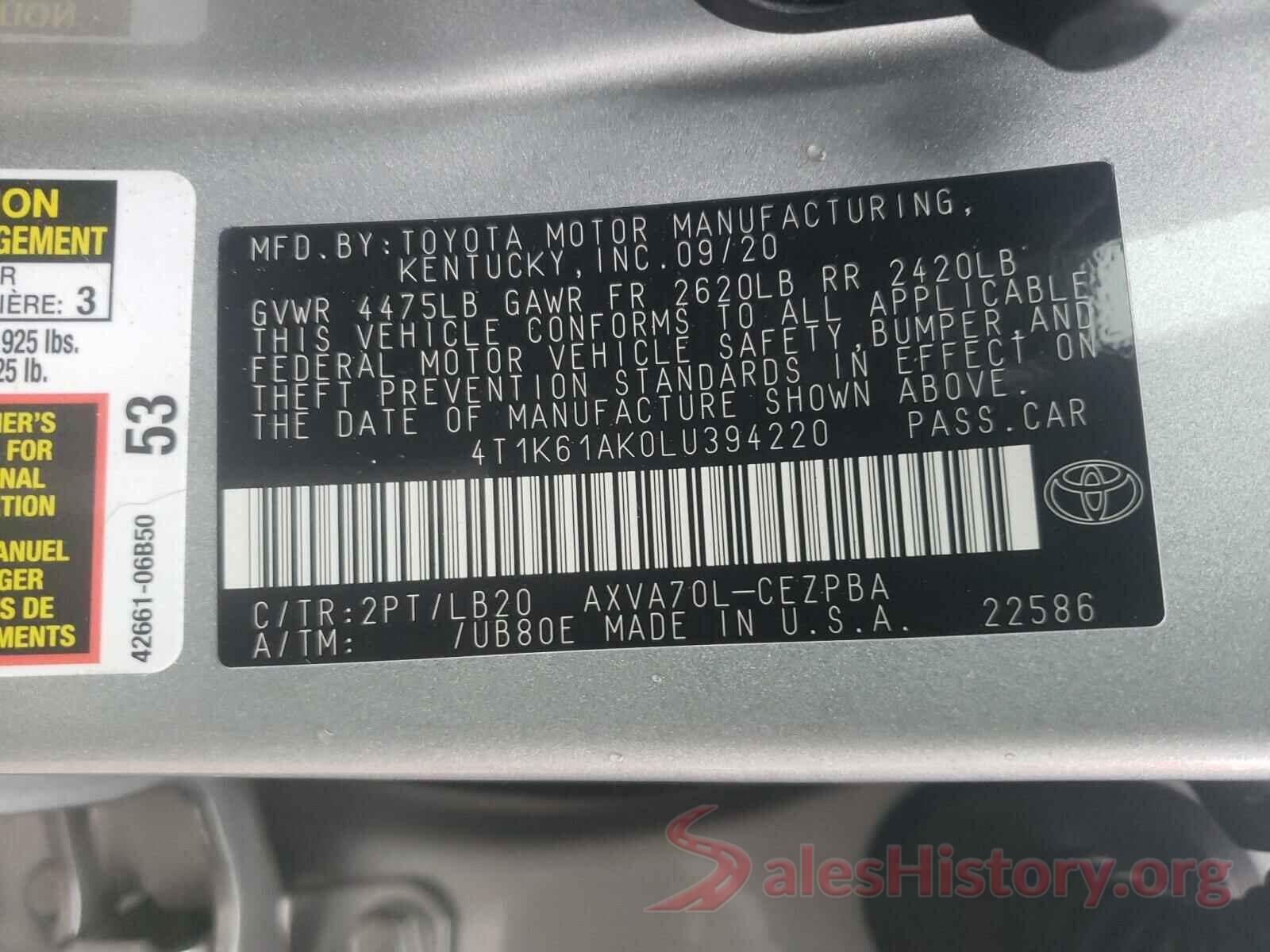 4T1K61AK0LU394220 2020 TOYOTA CAMRY