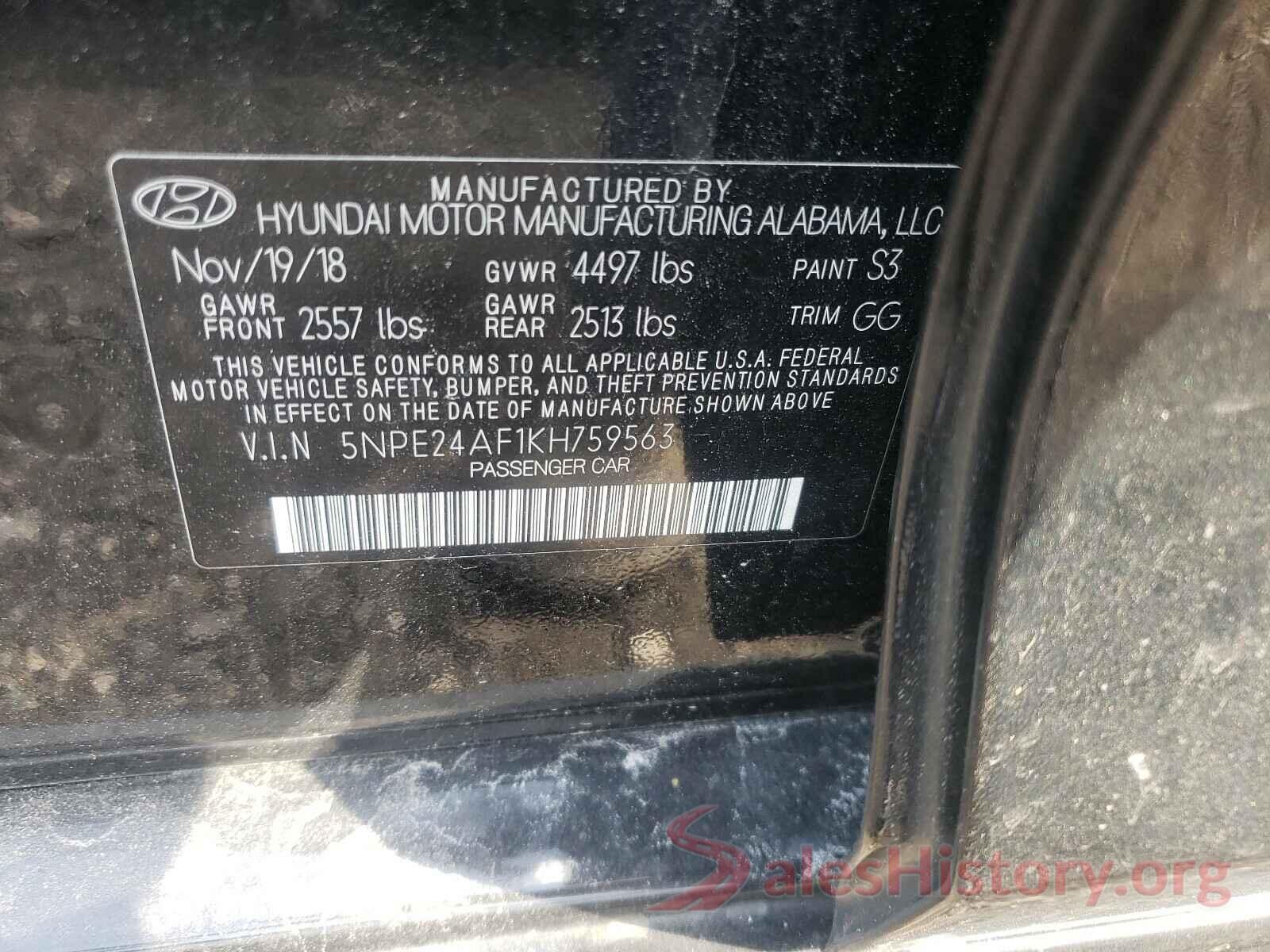 5NPE24AF1KH759563 2019 HYUNDAI SONATA