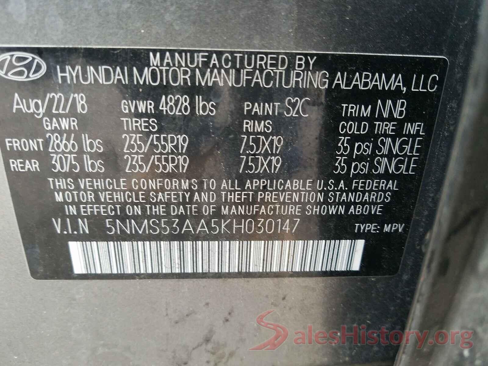 5NMS53AA5KH030147 2019 HYUNDAI SANTA FE