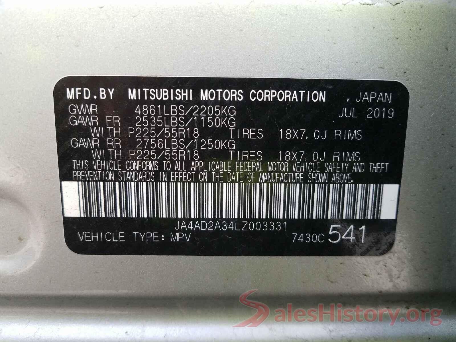 JA4AD2A34LZ003331 2020 MITSUBISHI OUTLANDER