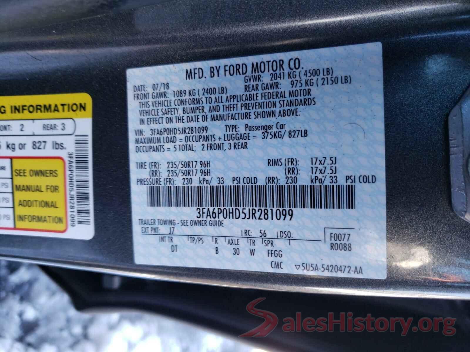 3FA6P0HD5JR281099 2018 FORD FUSION