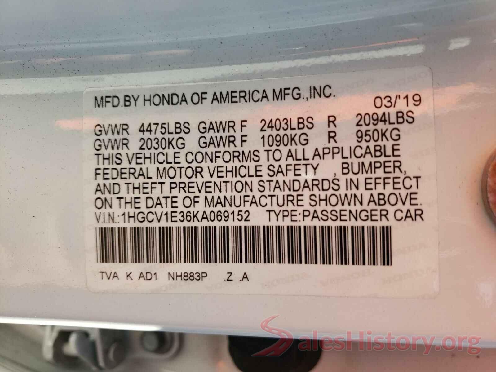 1HGCV1E36KA069152 2019 HONDA ACCORD