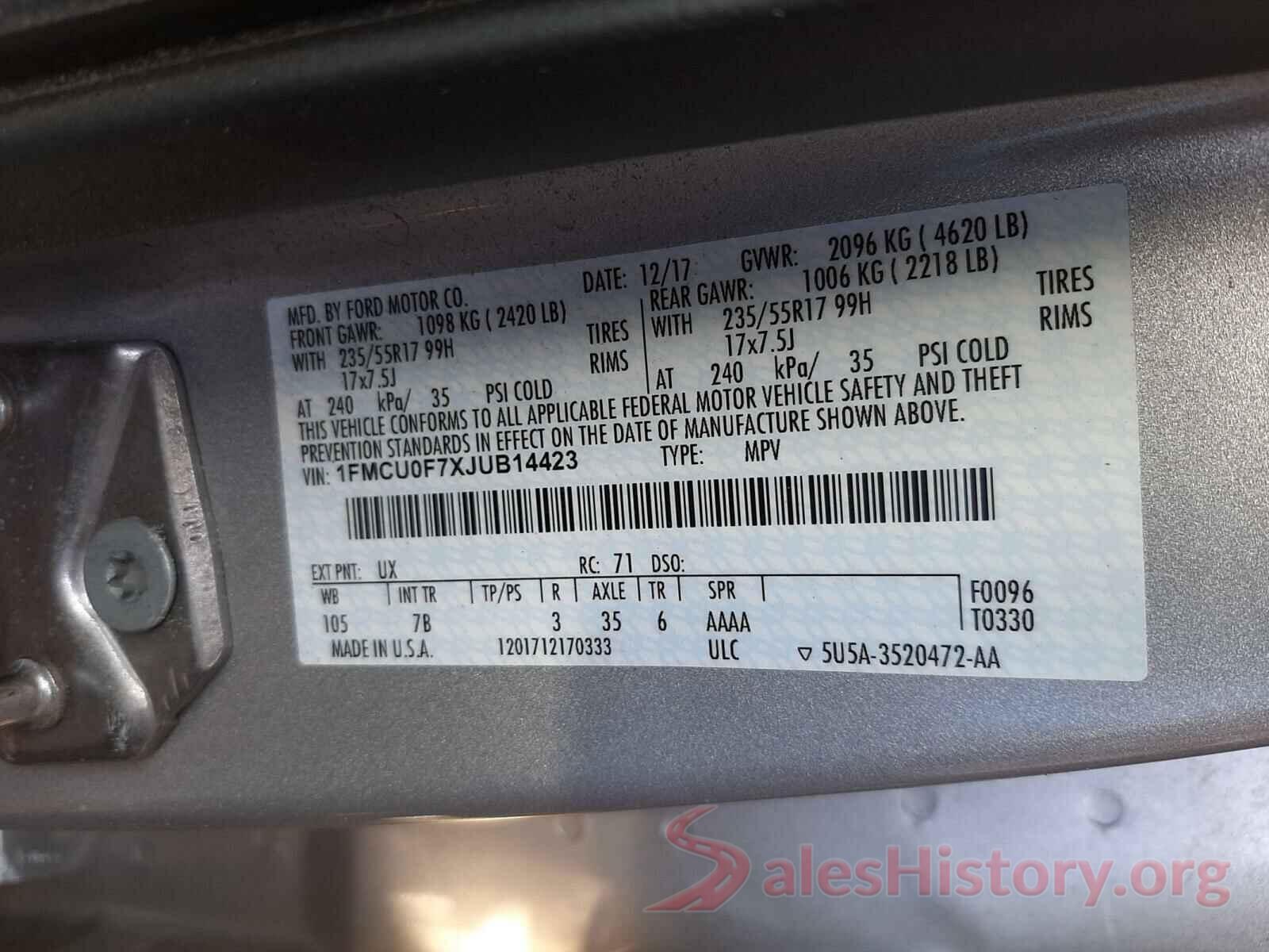 1FMCU0F7XJUB14423 2018 FORD ESCAPE