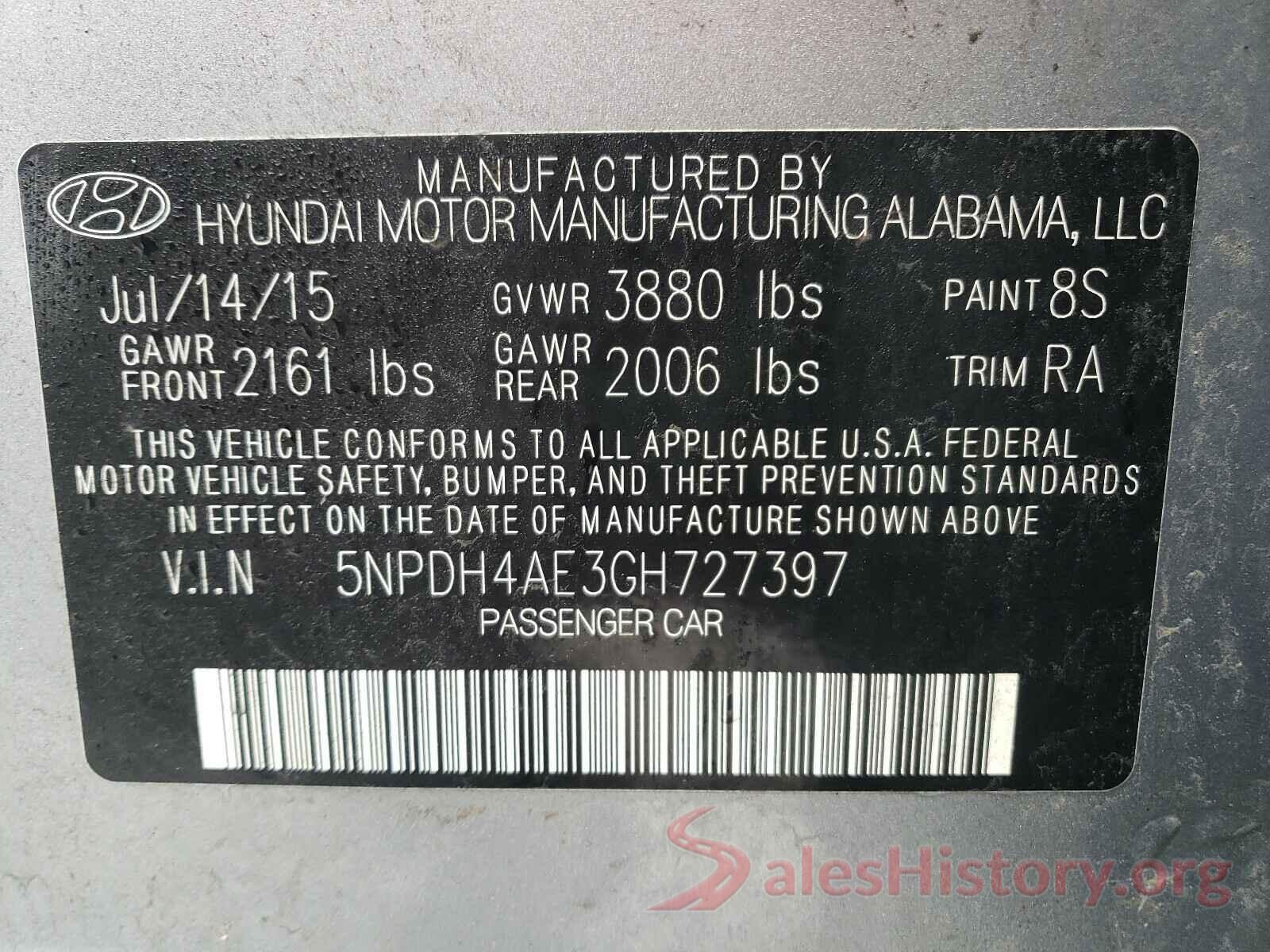 5NPDH4AE3GH727397 2016 HYUNDAI ELANTRA