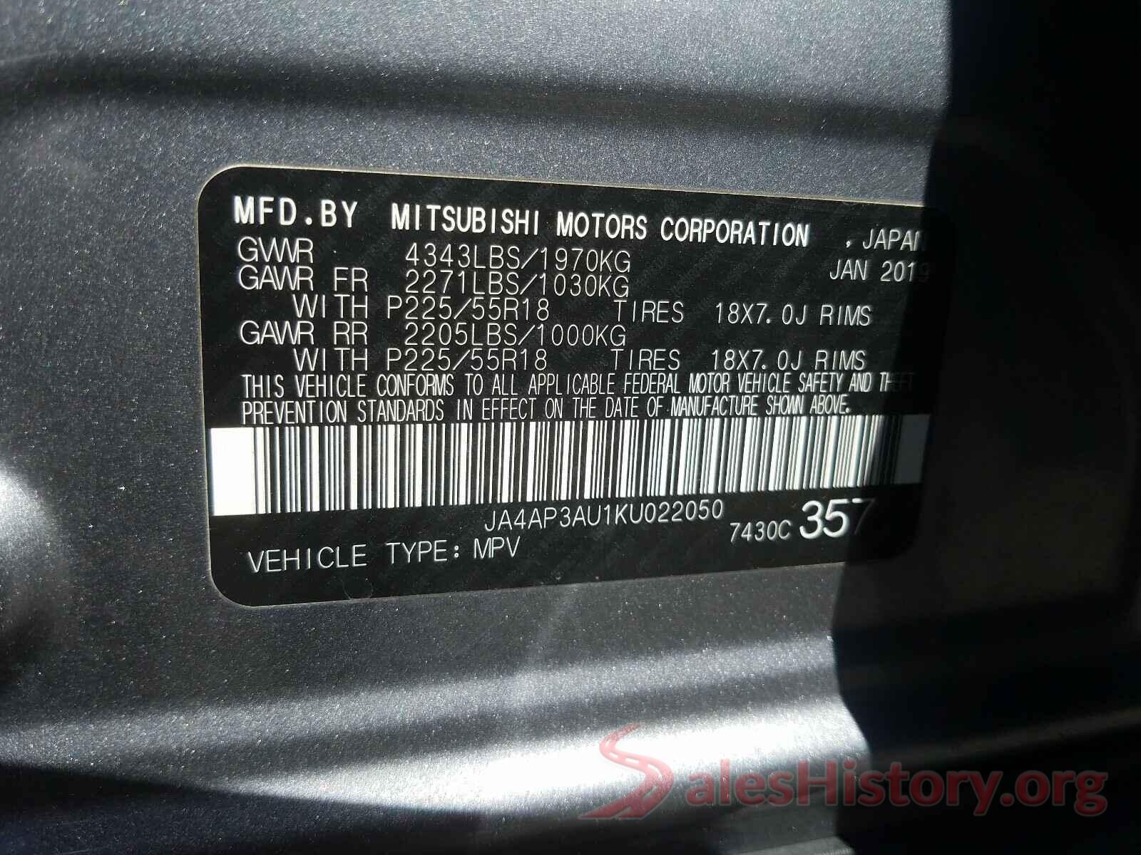 JA4AP3AU1KU022050 2019 MITSUBISHI OUTLANDER