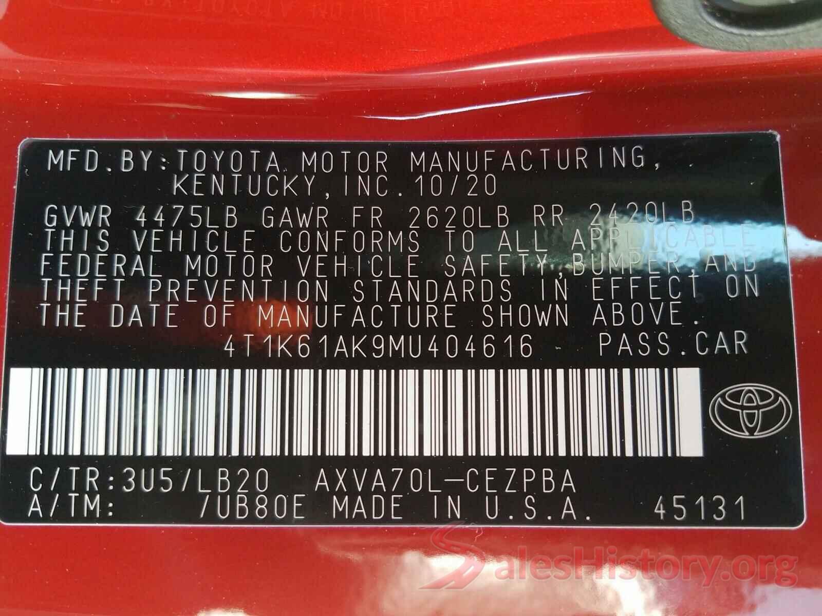 4T1K61AK9MU404616 2021 TOYOTA CAMRY