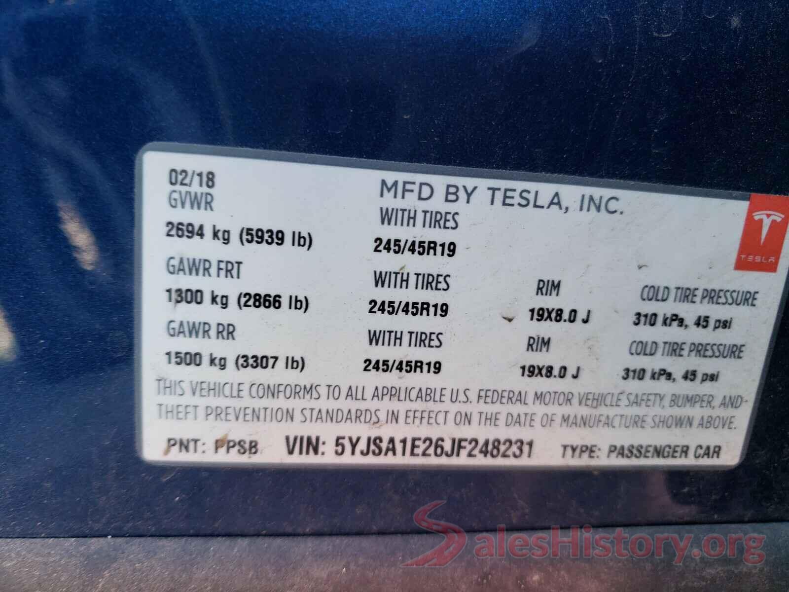 5YJSA1E26JF248231 2018 TESLA MODEL S