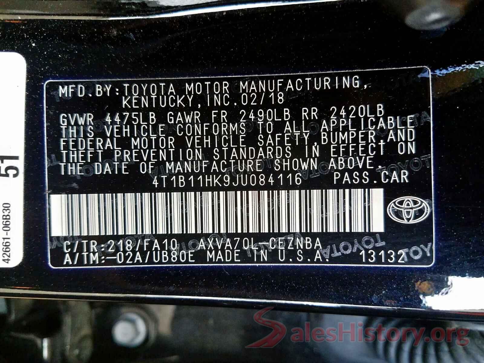 4T1B11HK9JU084116 2018 TOYOTA CAMRY