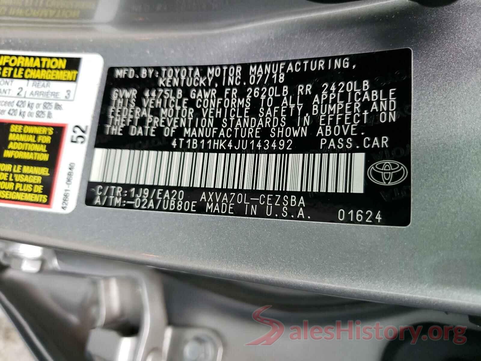 4T1B11HK4JU143492 2018 TOYOTA CAMRY