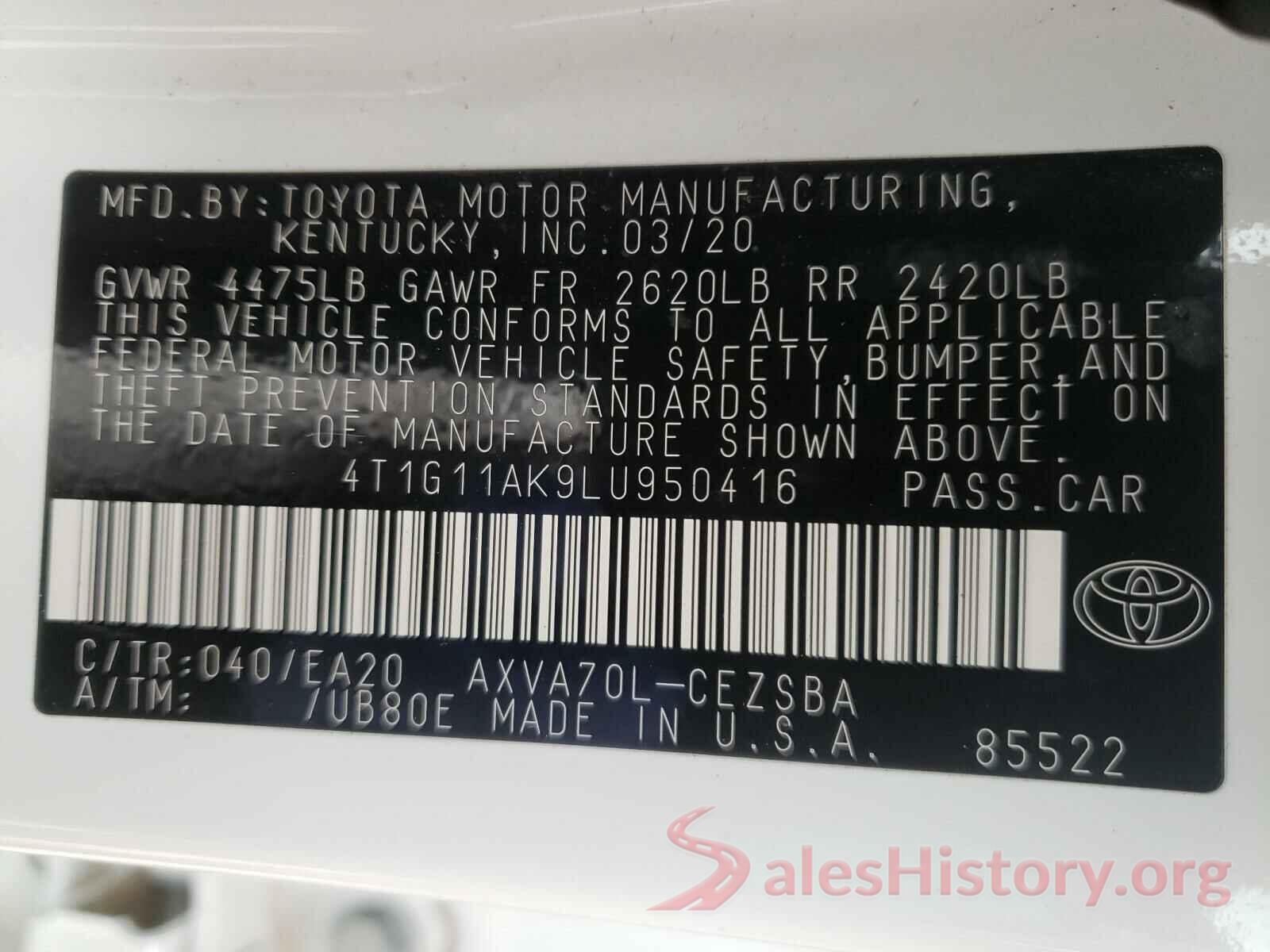 4T1G11AK9LU950416 2020 TOYOTA CAMRY