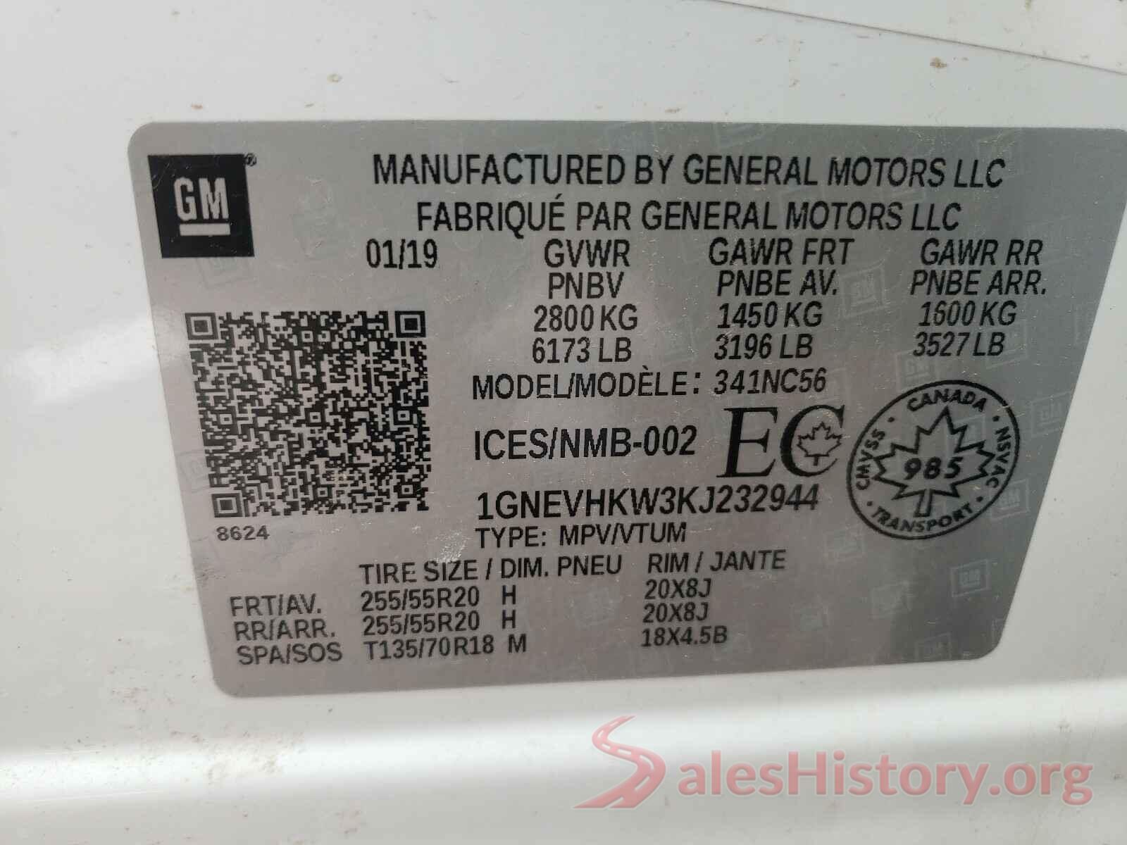 1GNEVHKW3KJ232944 2019 CHEVROLET TRAVERSE