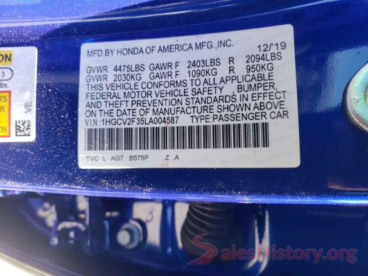 1HGCV2F35LA004587 2020 HONDA ACCORD