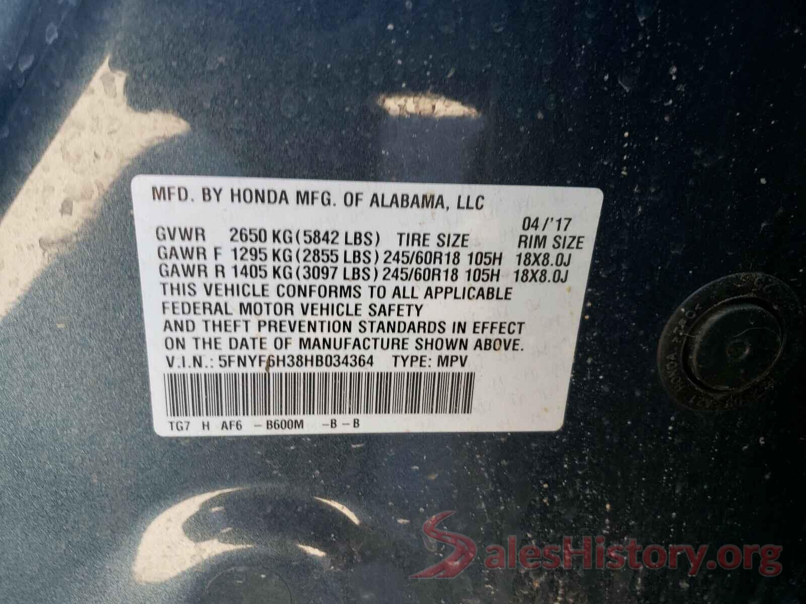 5FNYF6H38HB034364 2017 HONDA PILOT