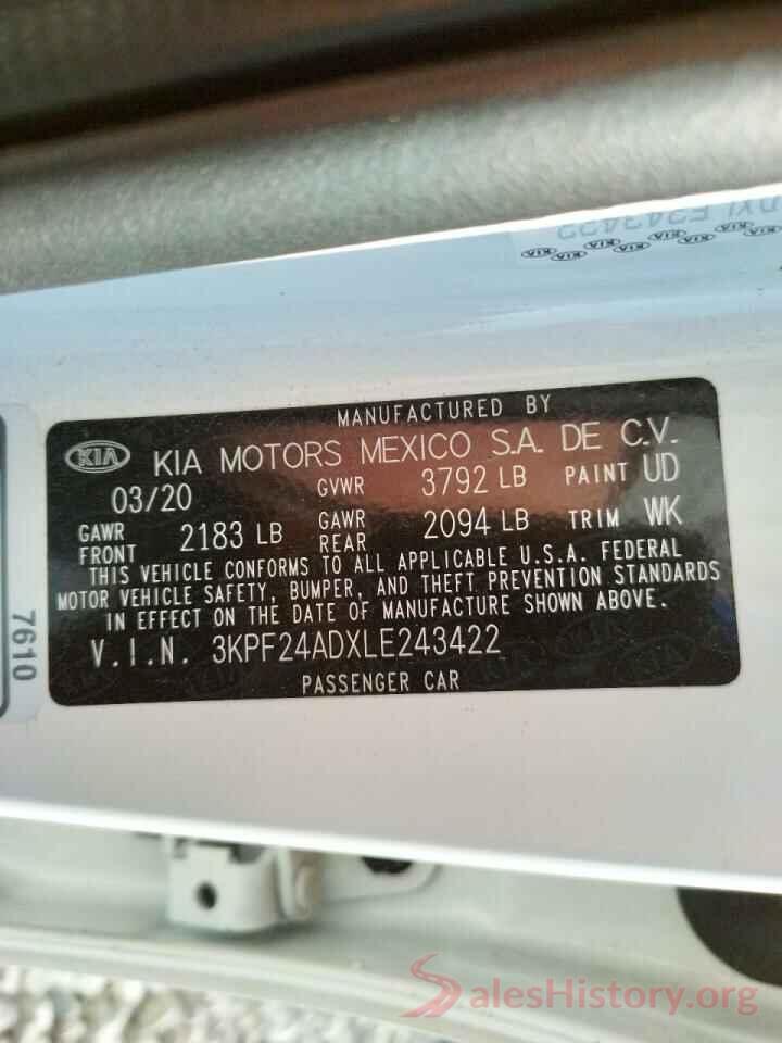 3KPF24ADXLE243422 2020 KIA FORTE