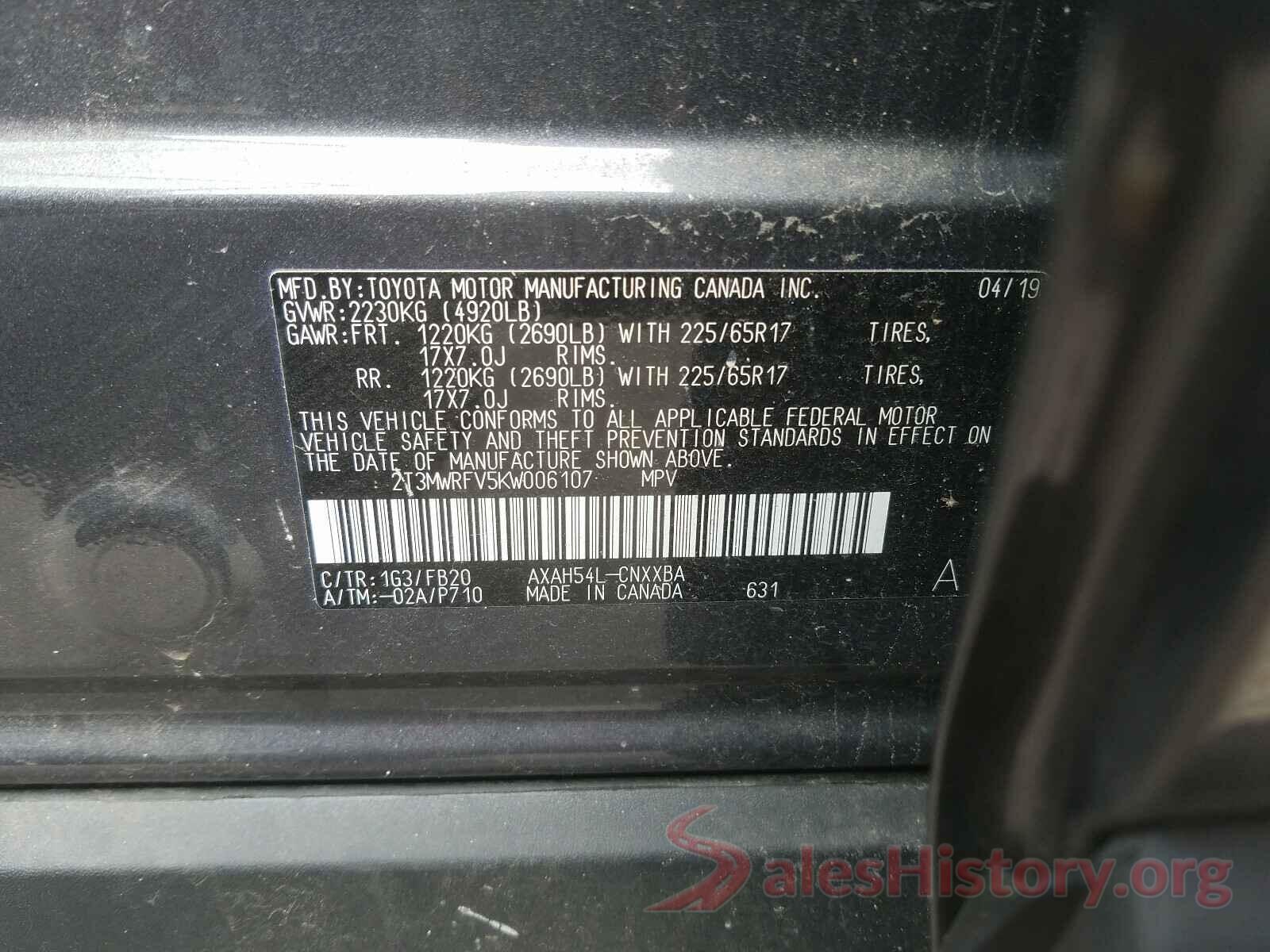 2T3MWRFV5KW006107 2019 TOYOTA RAV4